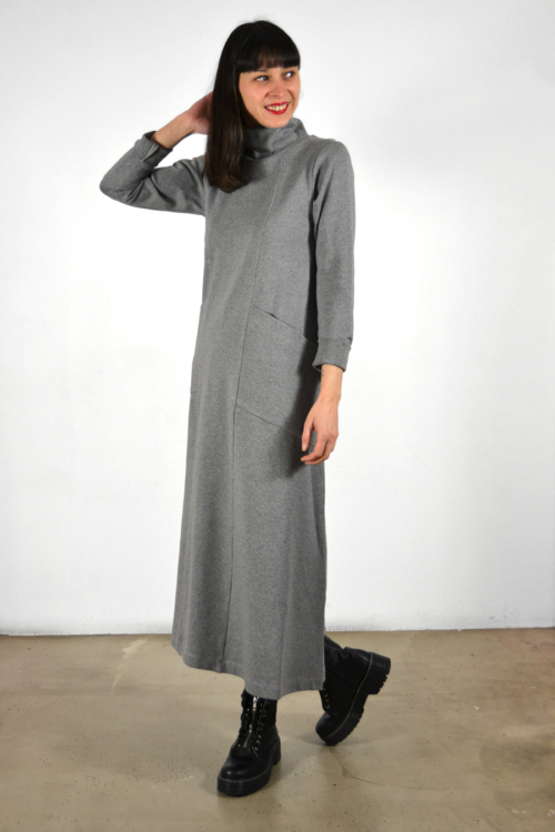 Vestido-midi-gris-oscuro-lateral | Elisa Muresan ropa ecológica